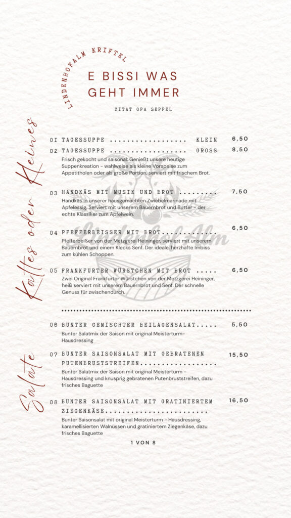 Speisekarte der Lindenhofalm, Seite 2 von 9: Kaltes oder Kleines · Salate