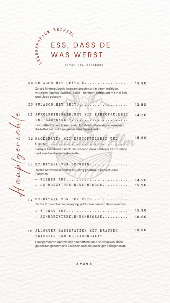 Speisekarte der Lindenhofalm, Seite 3 von 9: Hauptgerichte