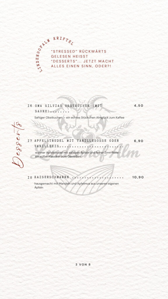 Speisekarte der Lindenhofalm, Seite 4 von 9: Desserts