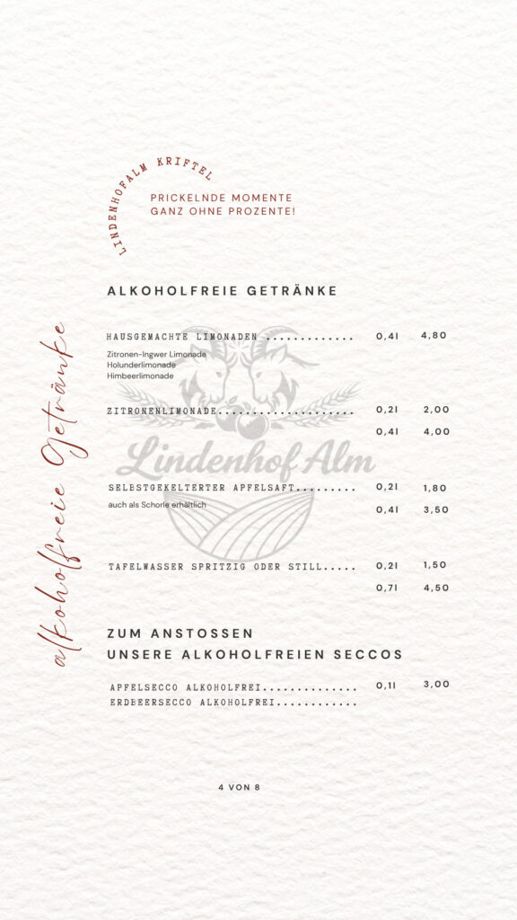 Speisekarte der Lindenhofalm, Seite 5 von 9: Alkoholfreie Getränke