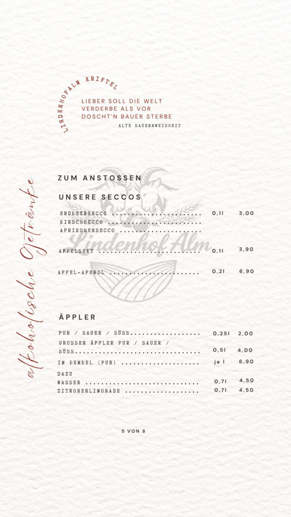 Speisekarte der Lindenhofalm, Seite 6 von 9: Seccos und Äppler