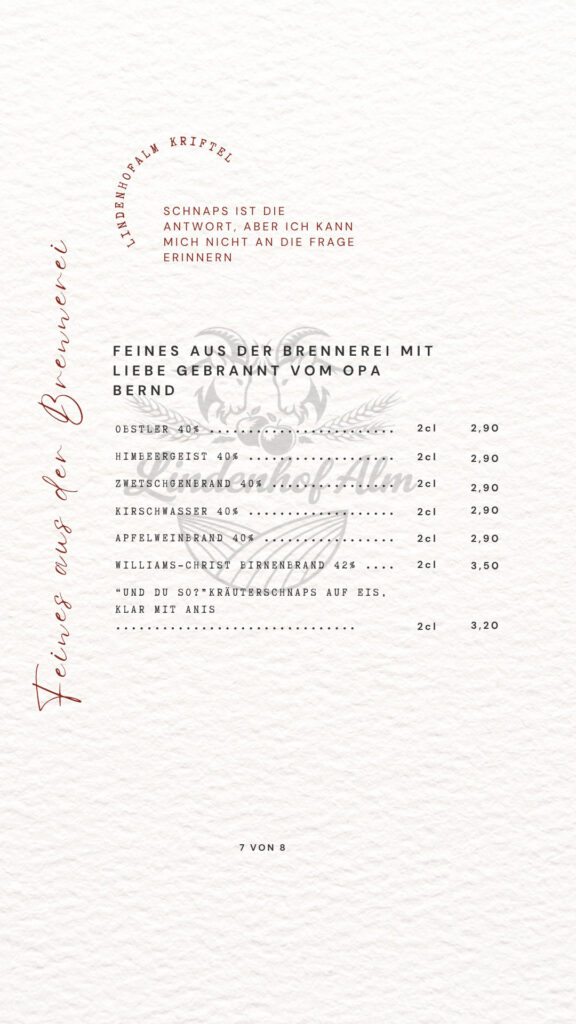 Speisekarte der Lindenhofalm, Seite 8 von 9: Brennerei