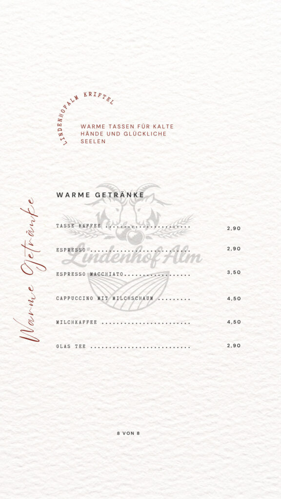 Speisekarte der Lindenhofalm, Seite 9 von 9: Warme Getränke